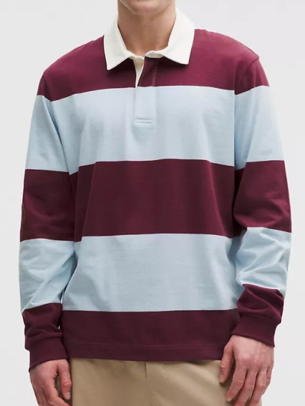 NWT Lululemon Men's Long-Sleeve Cotton Rugby Shirt Stripe Burgundy, Size S, $118
